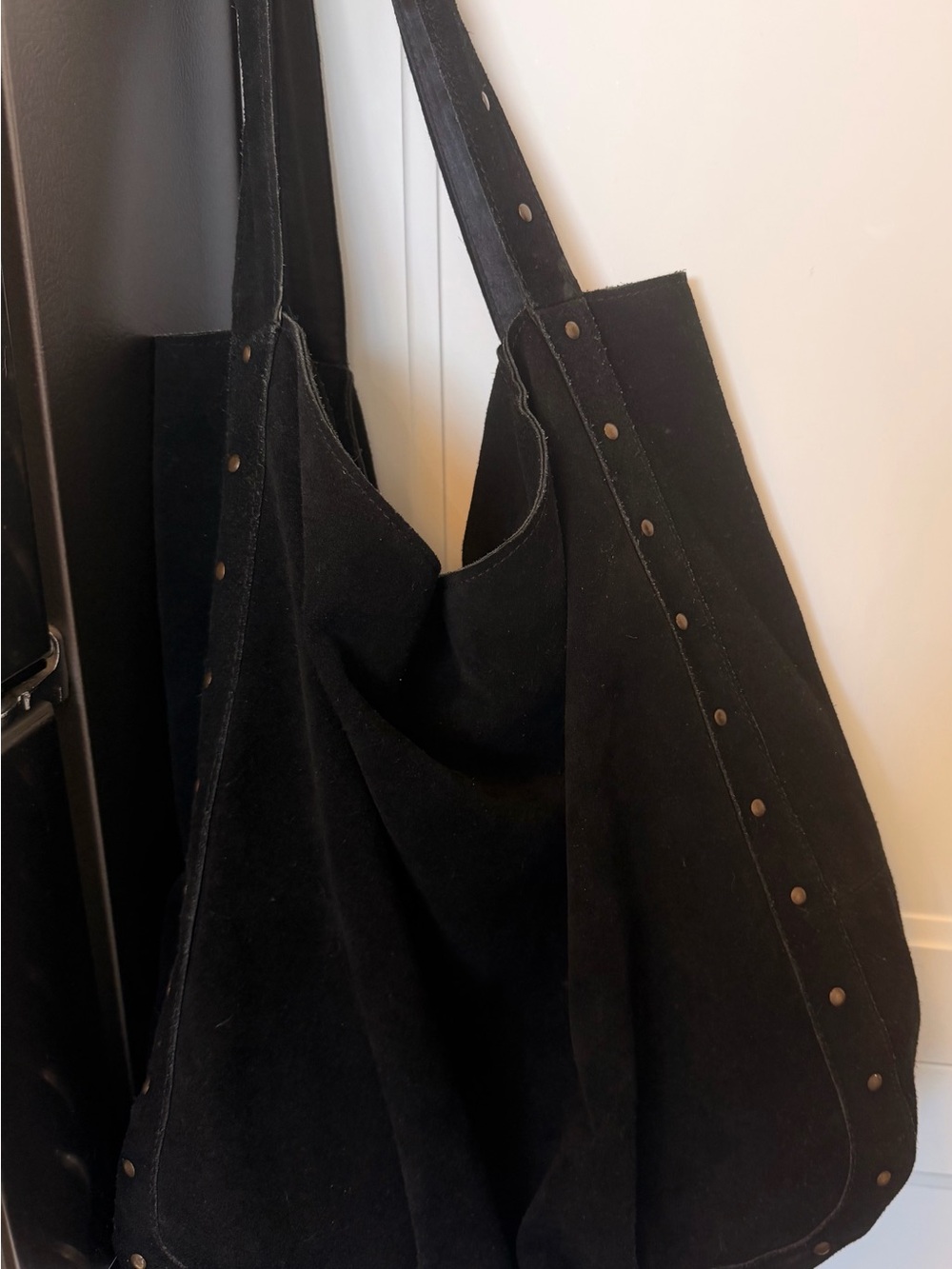 Black Suede Studded Shoulder Tote - Women Bags
